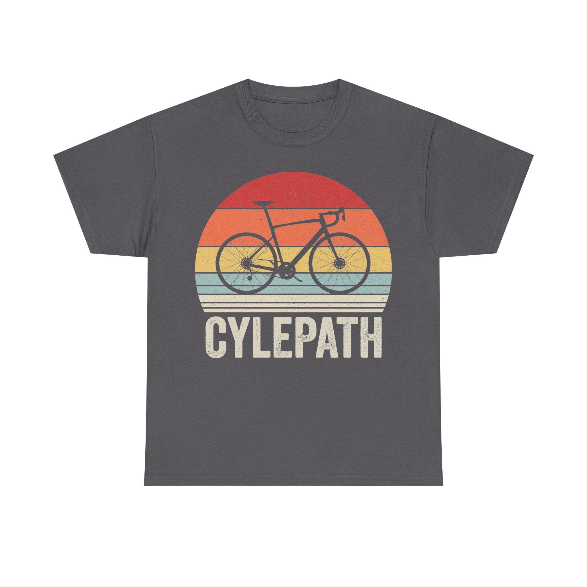 Cyclepath retro bicycle sunset T‑shirt in dark charcoal, circular orange-yellow-blue graphic with bike silhouette and CYCLEPATH text