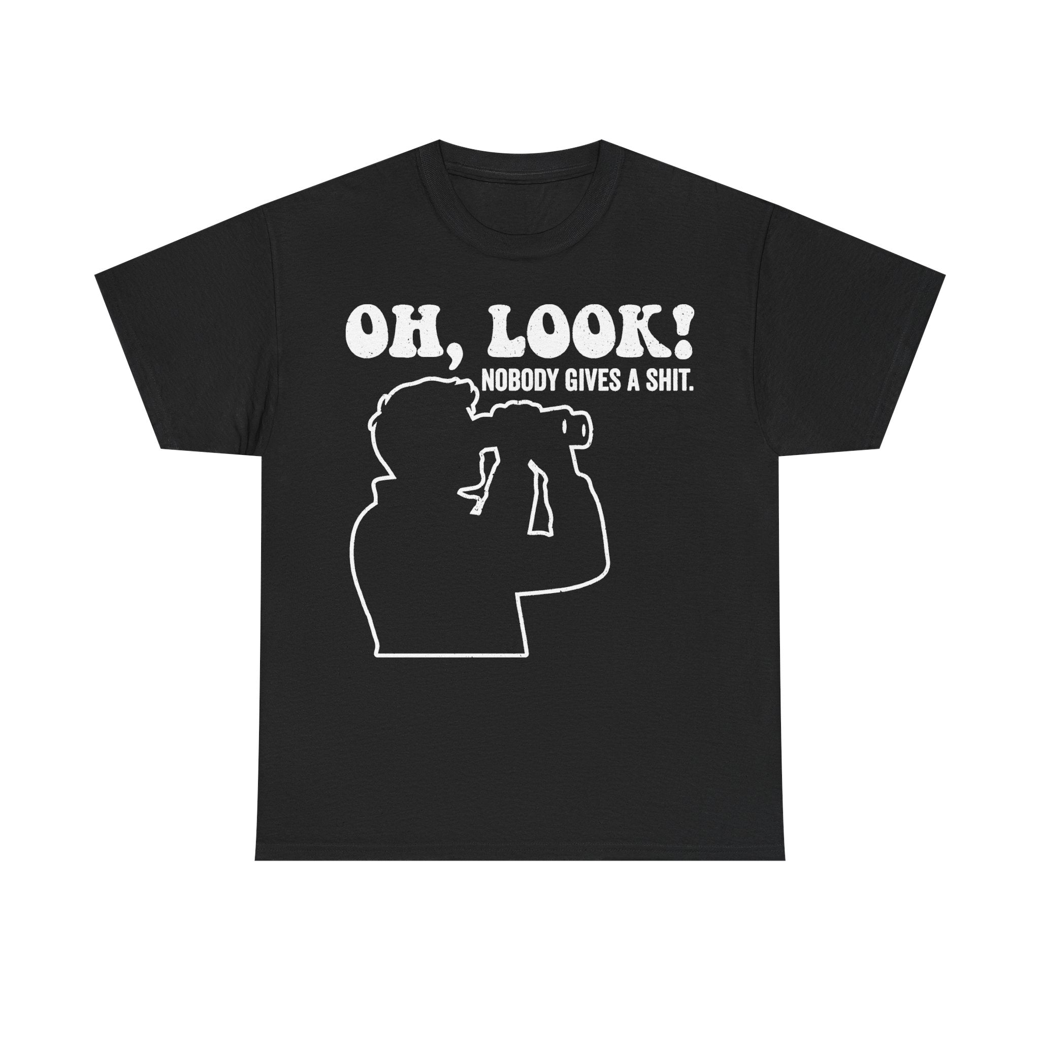 Unisex black T-shirt with white retro line-art dog illustration and bold OH, LOOK! NOBODY GIVES A SHIT on front.