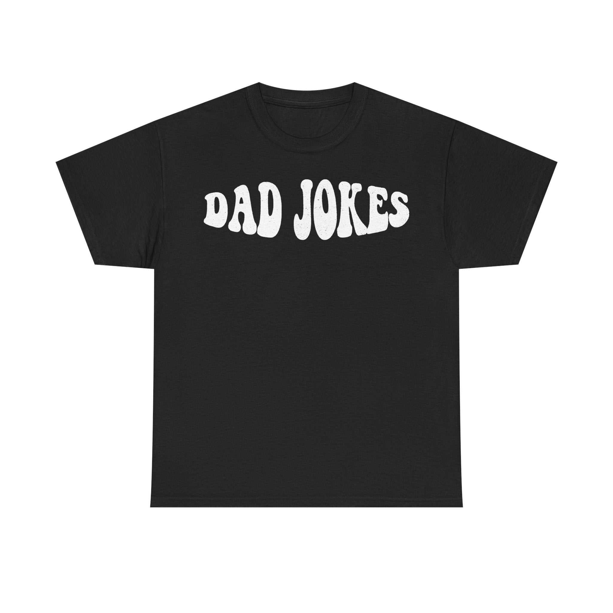 T-shirt in black with retro distressed white lettering reading DAD JOKES across chest on bold black tee.