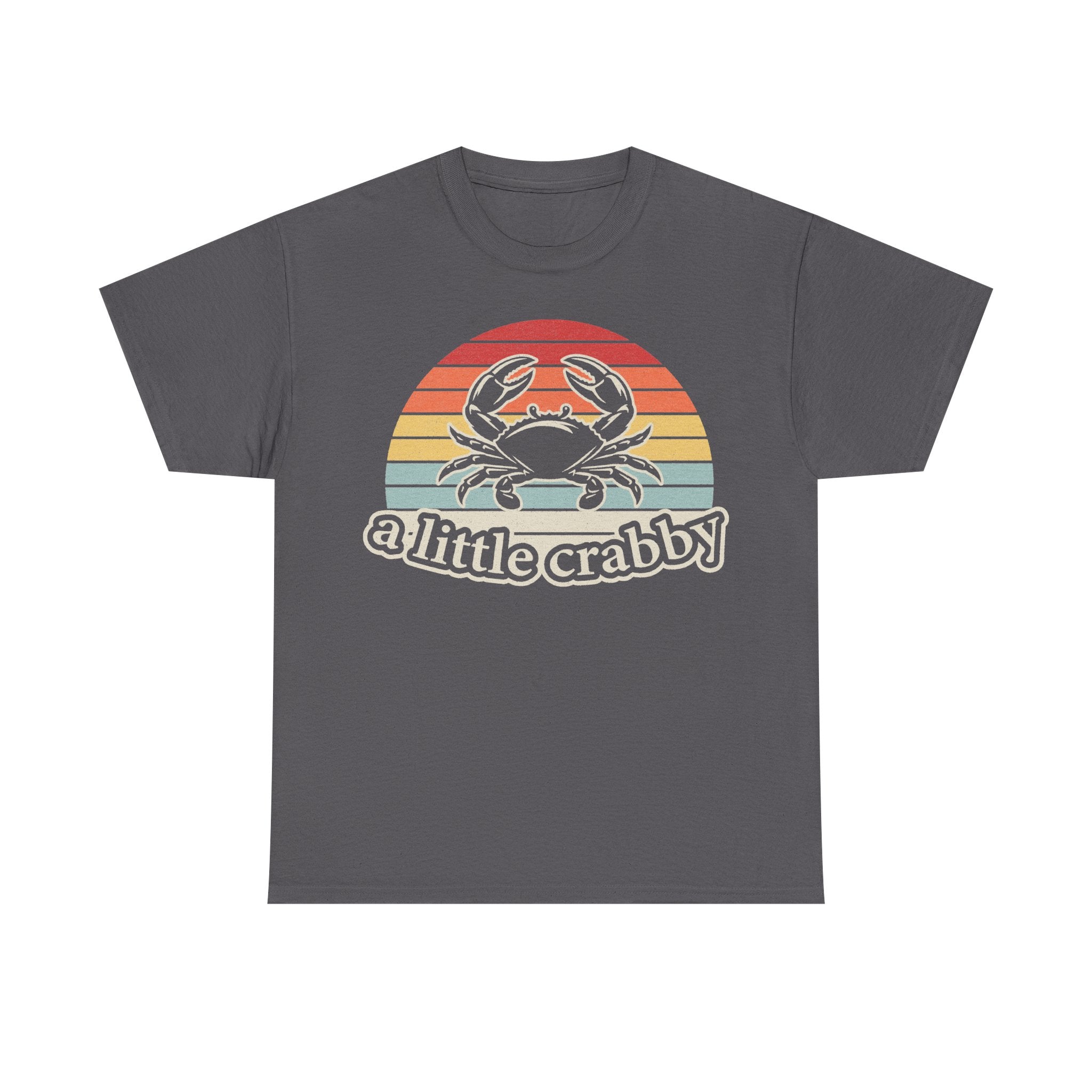 T-shirt in dark gray with retro crab sunset graphic featuring a striped sun and crab, text a little crabby