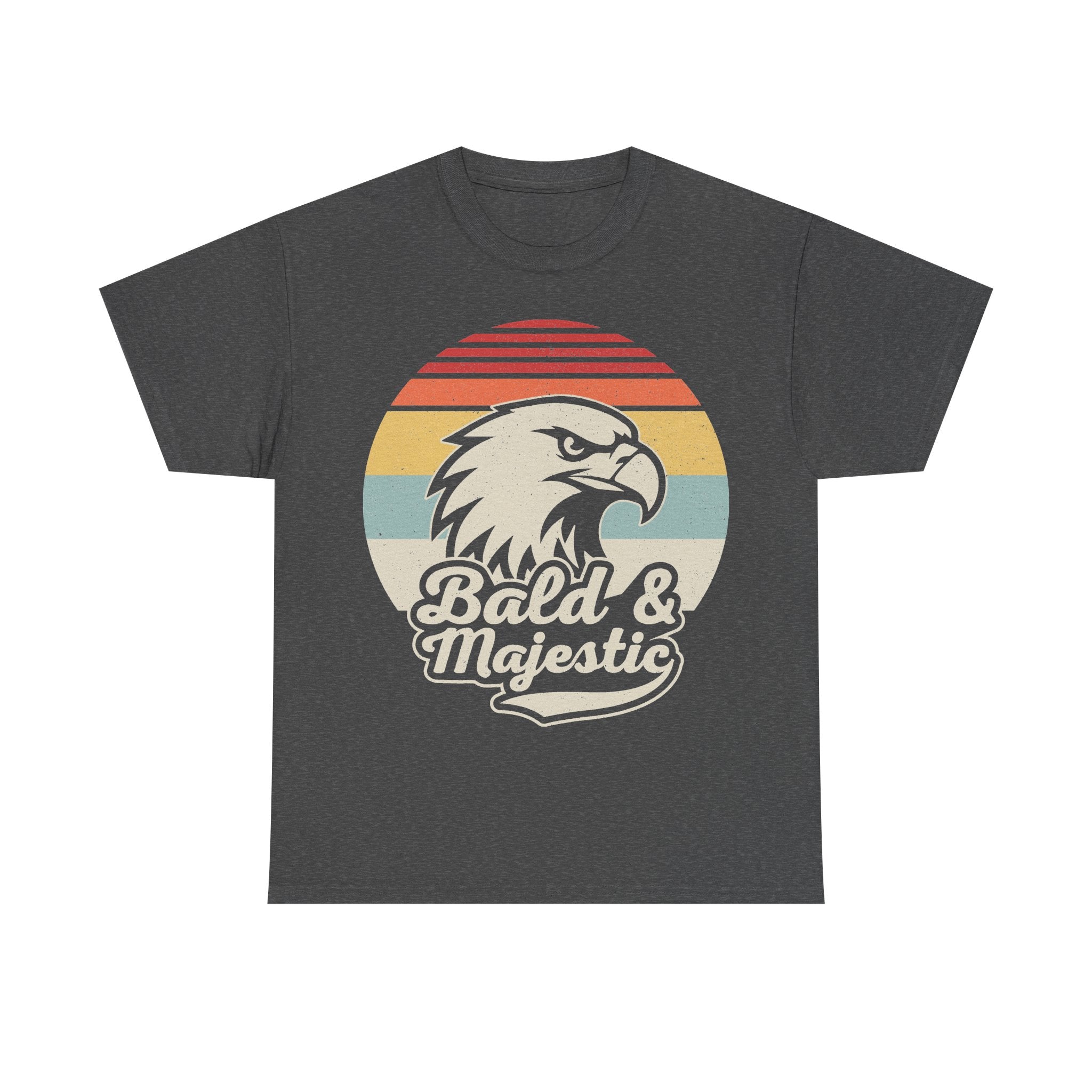 T-shirt with bald eagle head in retro sunset stripes and Bald & Majestic typography on a dark charcoal shirt