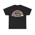 Black unisex T shirt with retro rainbow arc and bold Read Banned Books typography.