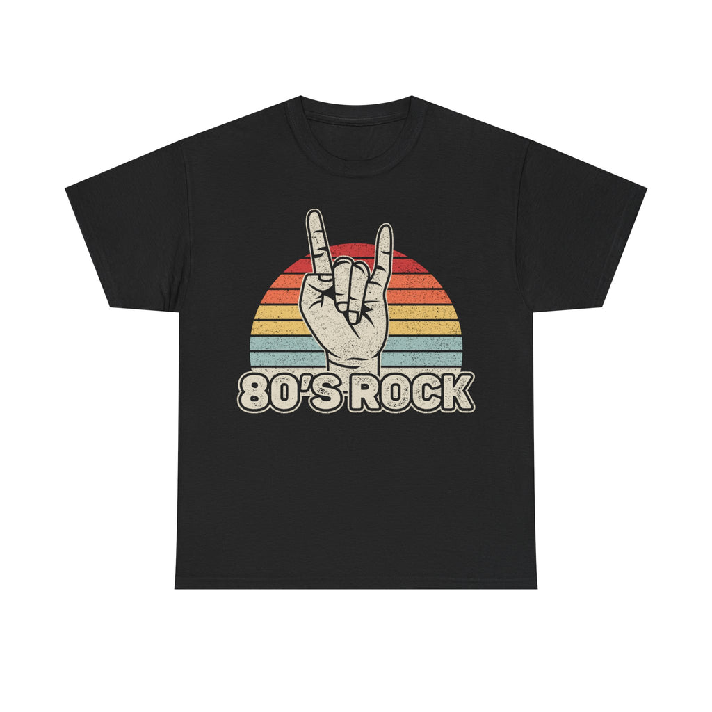 80's Rock T-Shirt — Retro Sunset Hand Horns Tee for Classic Rock Fans