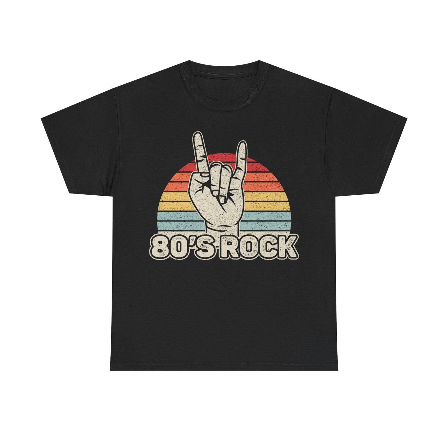 80's Rock T-Shirt — Retro Sunset Hand Horns Tee for Classic Rock Fans