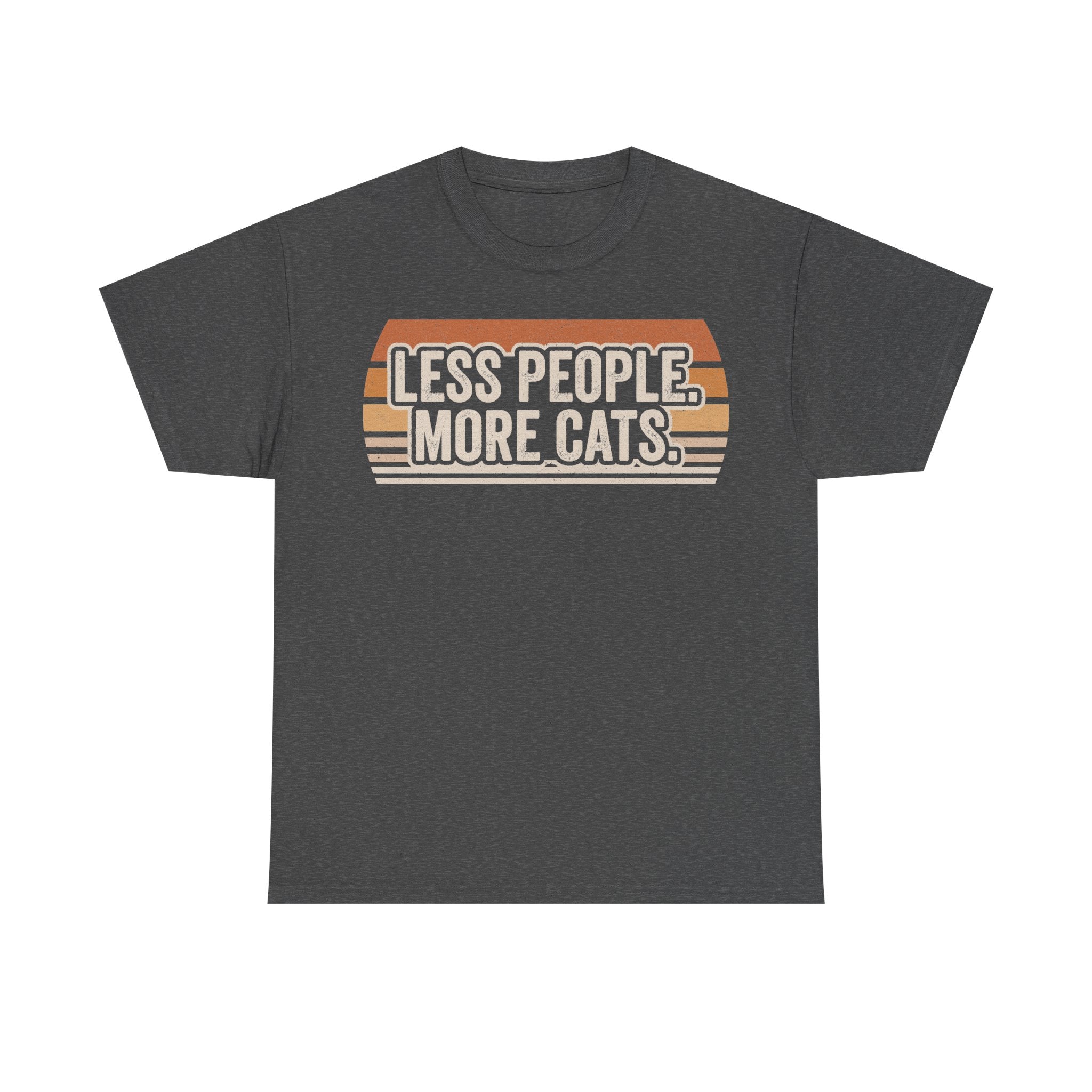 Dark gray T-shirt with retro sunset stripes and bold distressed text LESS PEOPLE MORE CATS.