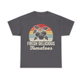 T-shirt with retro tomato plant graphic inside a sunset circle and Fresh Delicious Tomatoes text