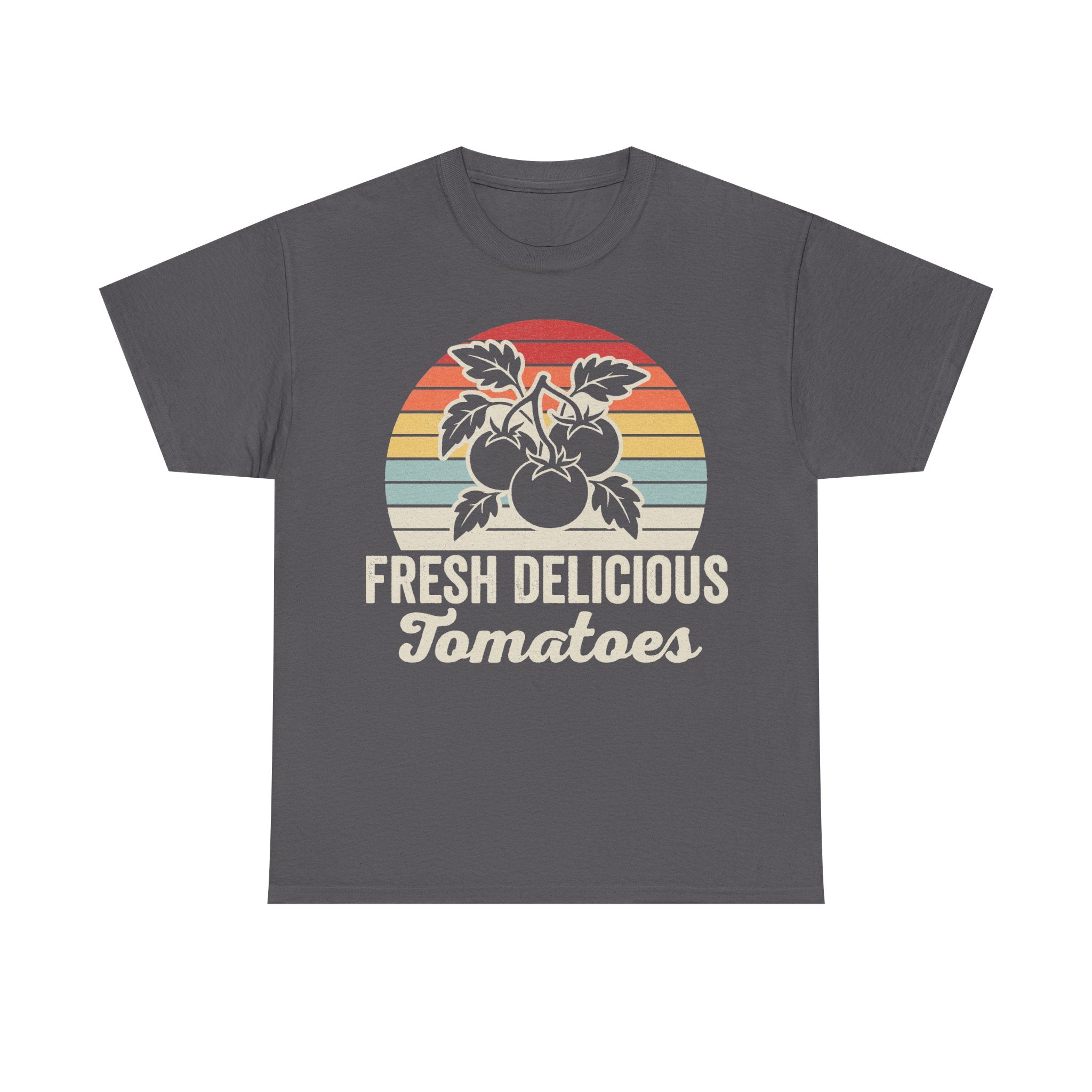 T-shirt with retro tomato plant graphic inside a sunset circle and Fresh Delicious Tomatoes text