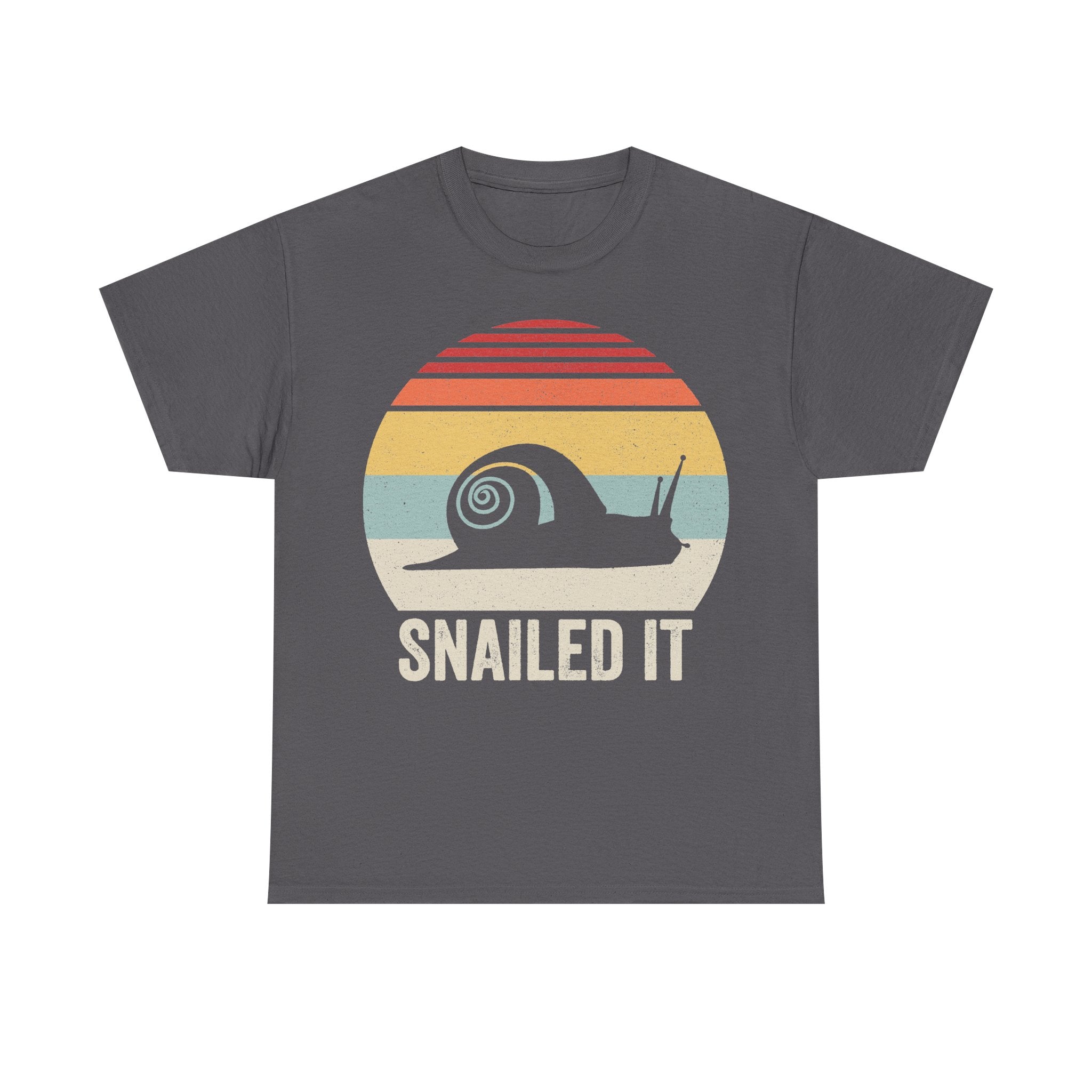 T-shirt with retro snail graphic and sunset rainbow stripes, featuring the text SNAILED IT on a dark gray shirt