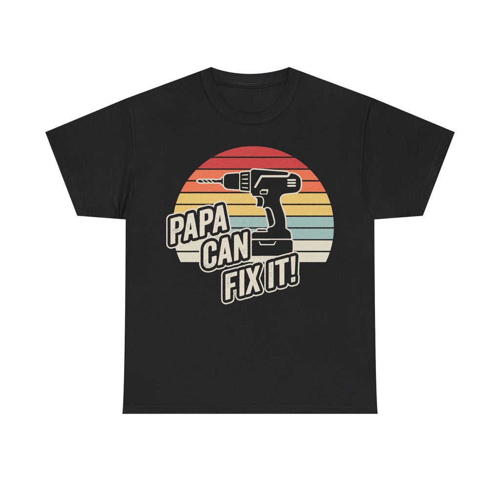 T-shirt with retro sunburst drill graphic and bold Papa Can Fix It! text on black fabric.