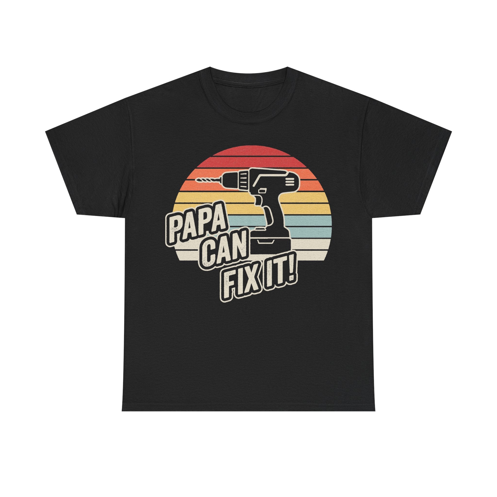 T-shirt with retro sunburst drill graphic and bold Papa Can Fix It! text on black fabric.