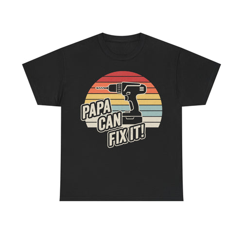 T-shirt with retro sunburst drill graphic and bold Papa Can Fix It! text on black fabric.