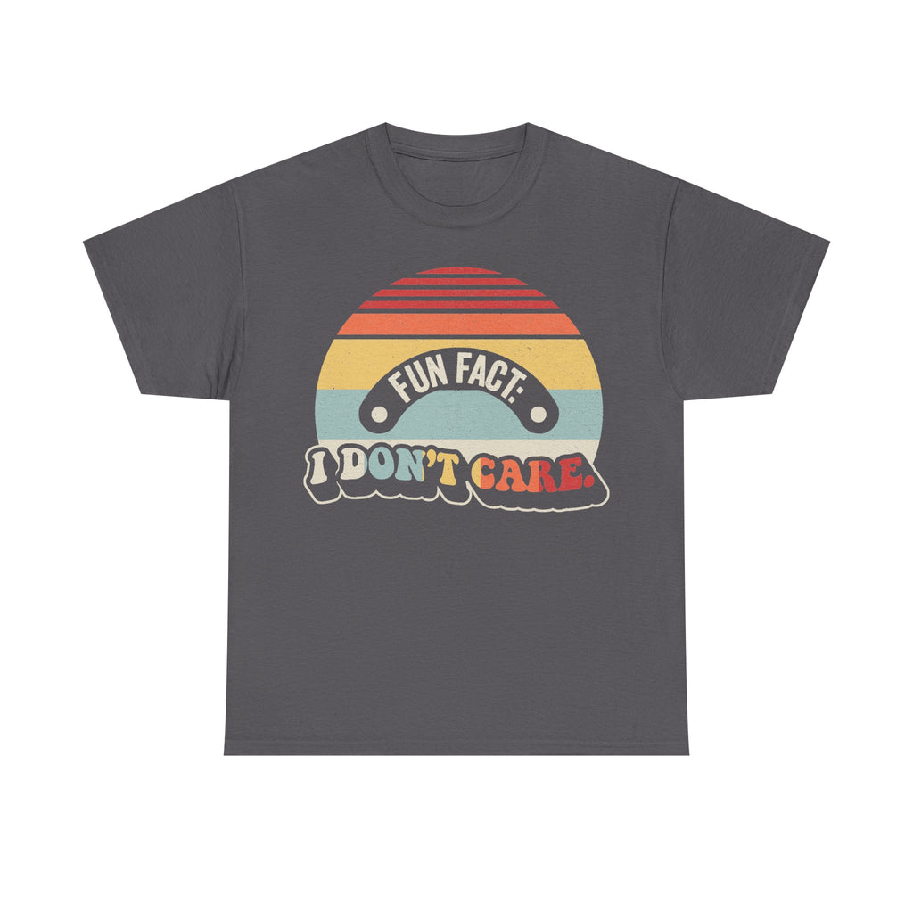 T-shirt with retro sunburst graphic and bold typography reading Fun Fact: I Don't Care on a charcoal gray tee.