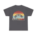 T-shirt with retro sunburst graphic and bold typography reading Fun Fact: I Don't Care on a charcoal gray tee.