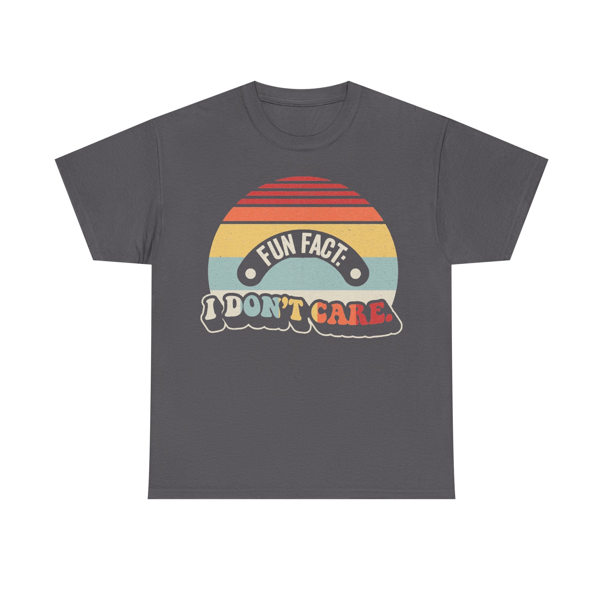 T-shirt with retro sunburst graphic and bold typography reading Fun Fact: I Don't Care on a charcoal gray tee.