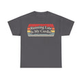 Gray vintage-style T-shirt with a retro rainbow banner and Running Late Is My Cardio text.