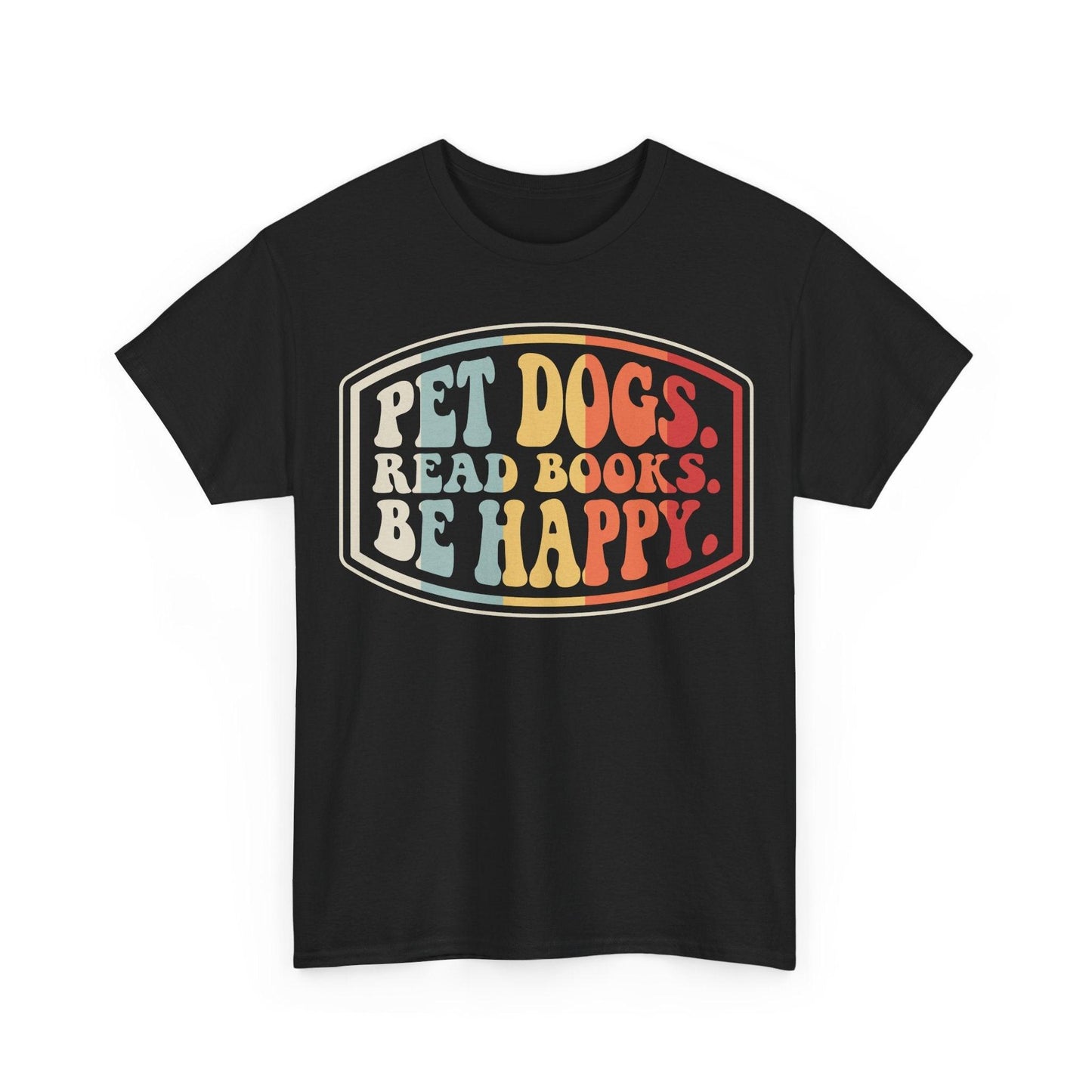 Vintage cotton t-shirt with "Pet Dogs. Read Books. Be Happy." retro rainbow graphic and relaxed fit