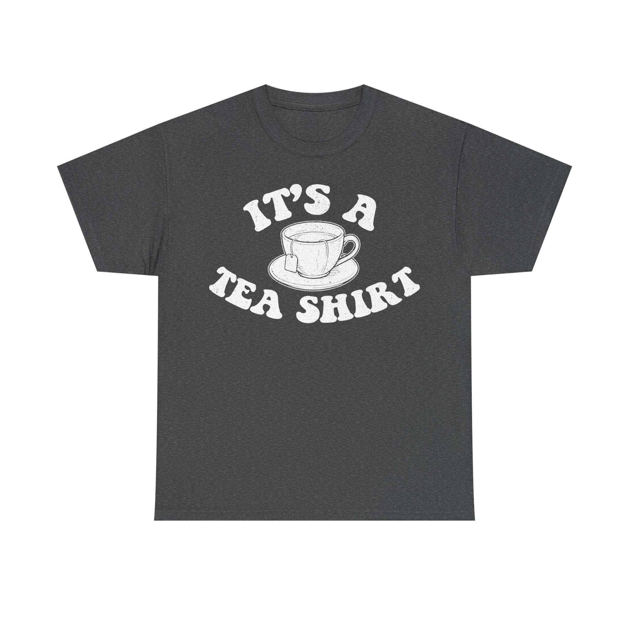 T-shirt featuring white vintage teacup illustration and the curved text It's A Tea Shirt on a black tee.