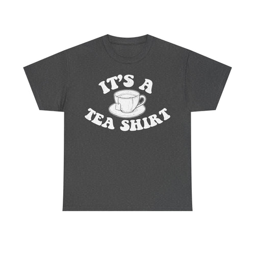 T-shirt featuring white vintage teacup illustration and the curved text It's A Tea Shirt on a black tee.