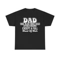 Black T-shirt with distressed white text DAD THE MAN WHO HAS EVERYTHING EXCEPT A FULL HEAD OF HAIR.