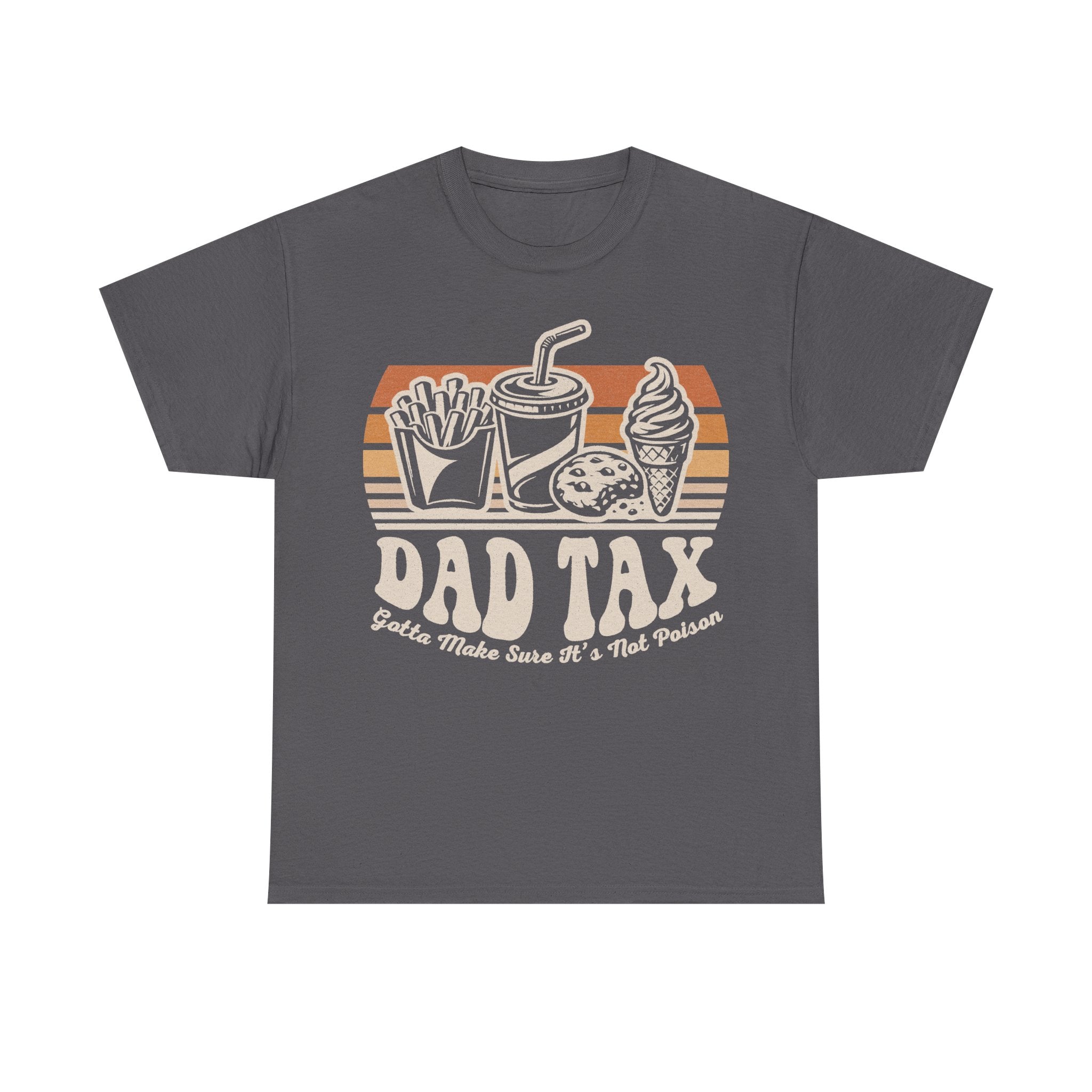 Gray T-shirt with retro fast-food tray illustration featuring fries, soda, ice cream, burger and DAD TAX lettering