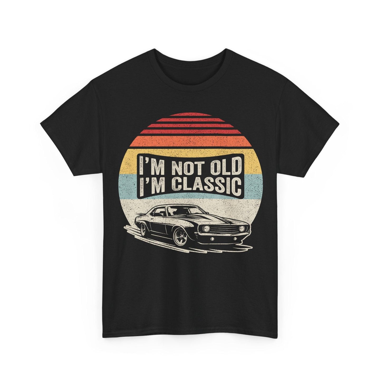 Black classic car tee with vintage muscle car silhouette and retro sun stripes design