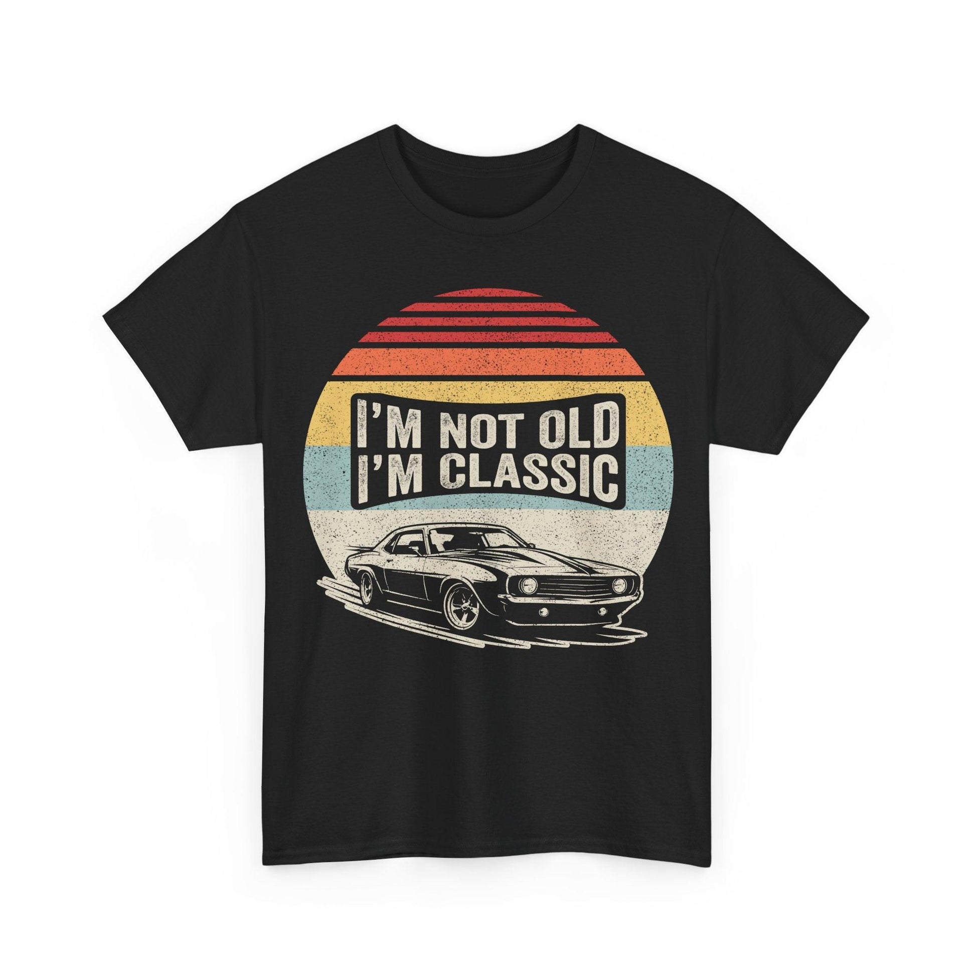 Black classic car tee with vintage muscle car silhouette and retro sun stripes design