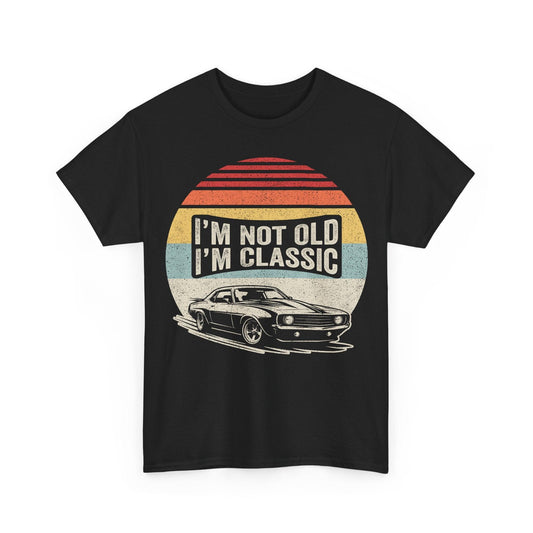 Black classic car tee with vintage muscle car silhouette and retro sun stripes design
