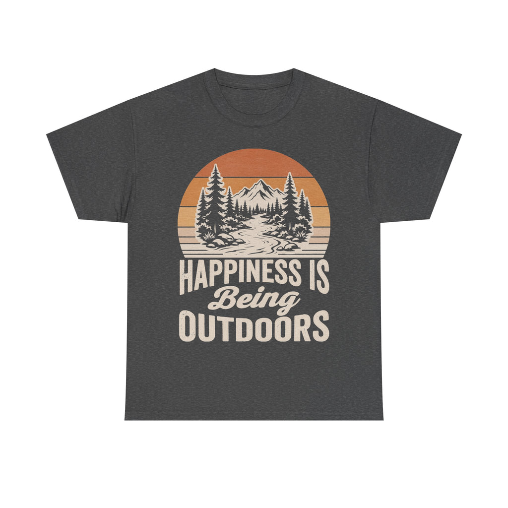 Happiness Is Being Outdoors Vintage Mountain Scene T Shirt For Nature Lovers And Hikers
