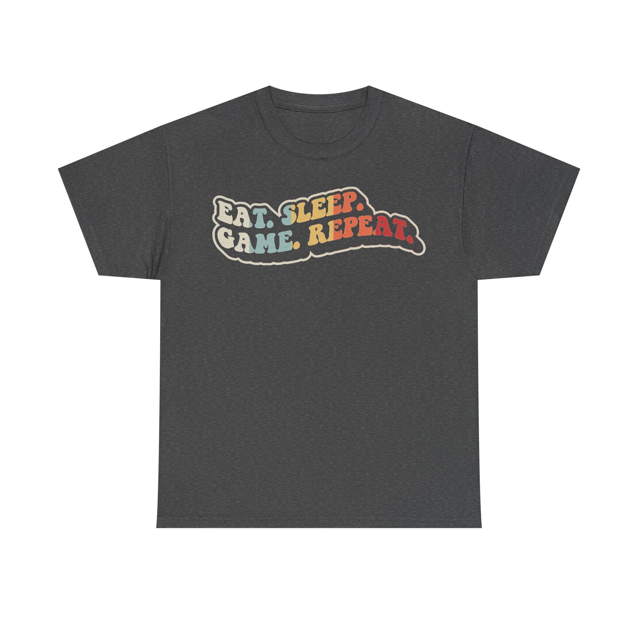 T-shirt, charcoal gray with multicolor retro text Eat. Sleep. Game. Repeat.