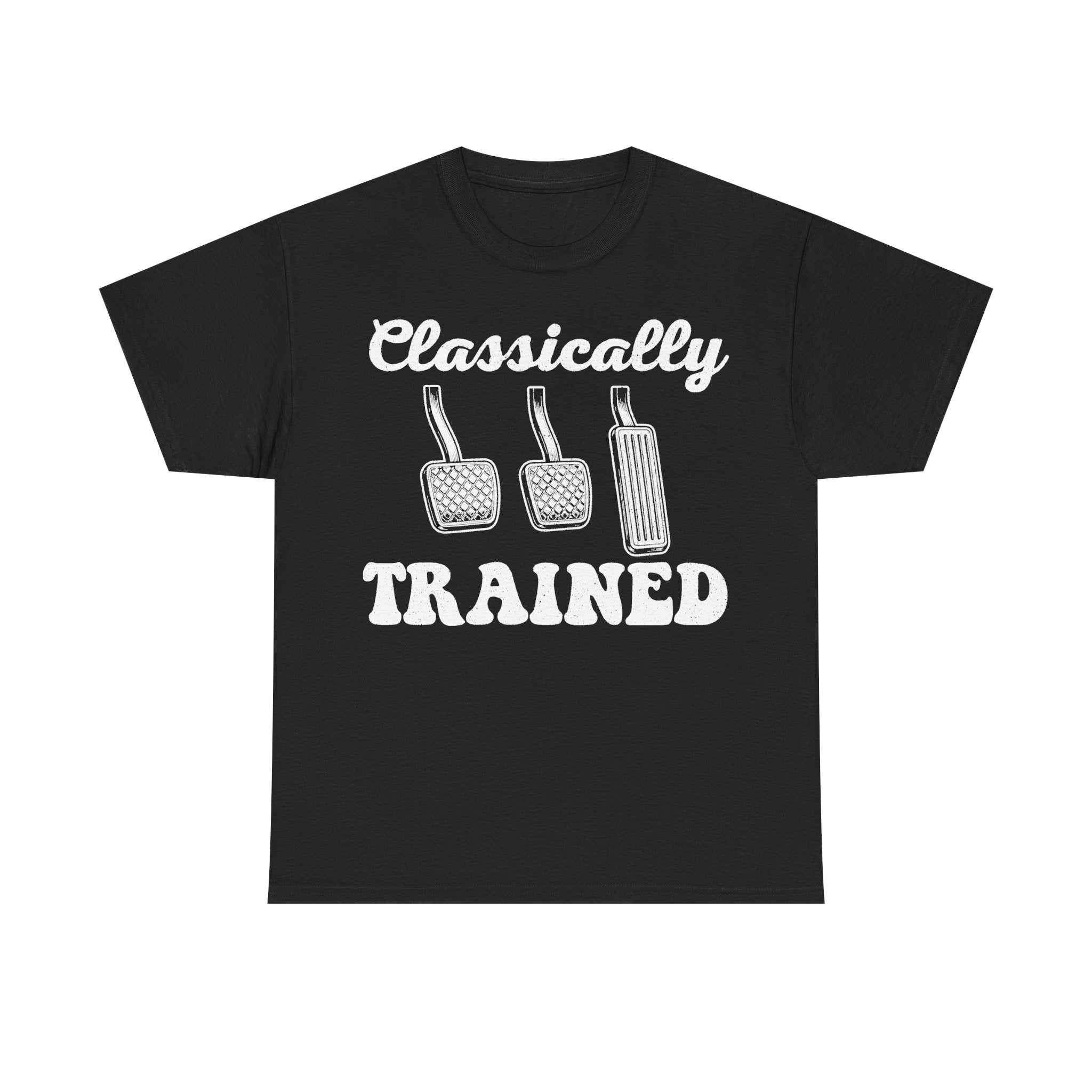 T-shirt, black, featuring white retro-script text Classically Trained and illustrated piano pedals.