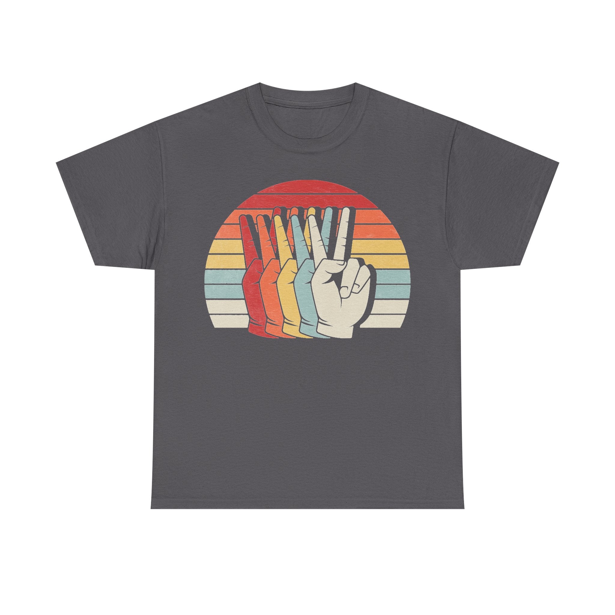 T-shirt with a rainbow raised-fist circle and retro sunset on dark gray fabric by Printify