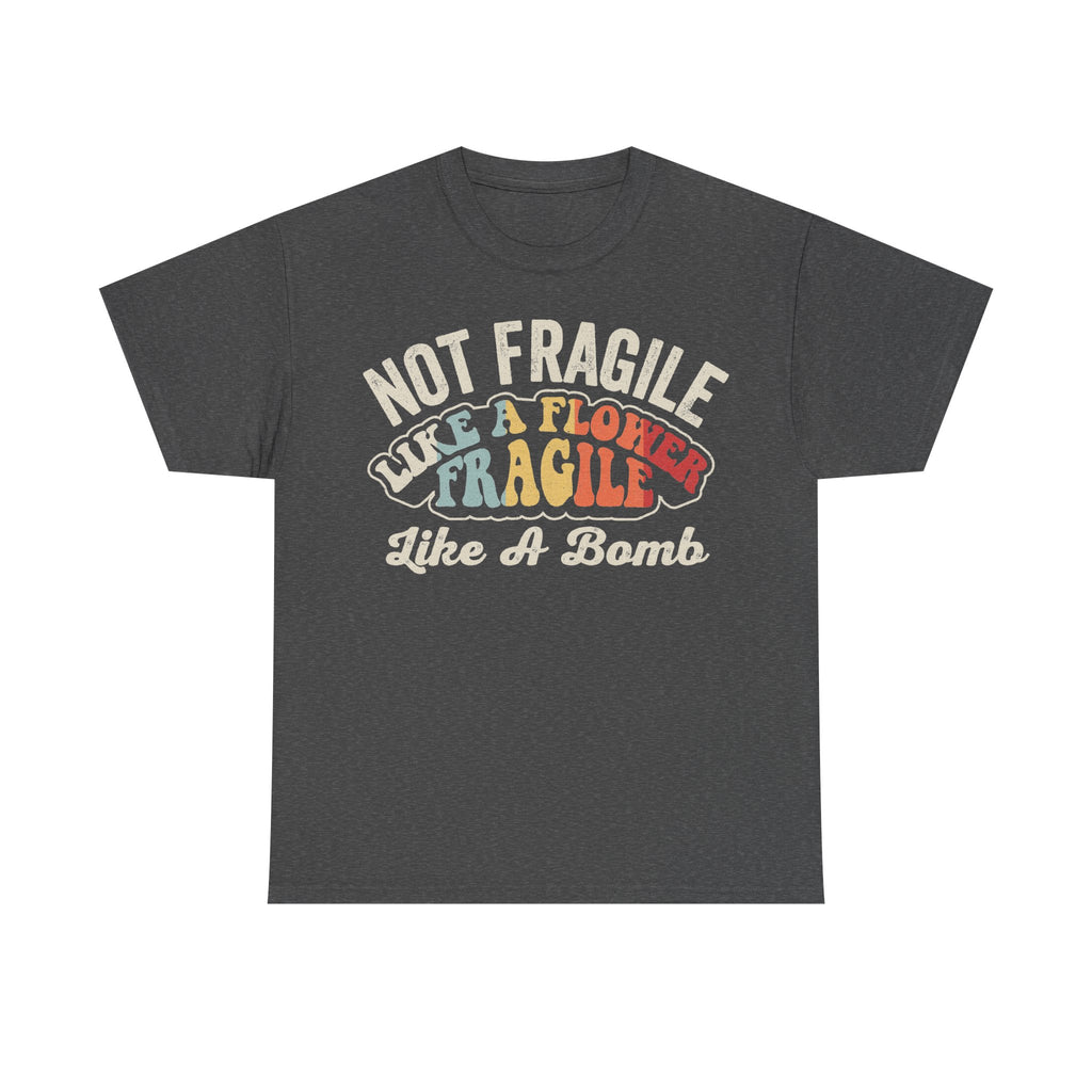 T-shirt in dark charcoal with vintage rainbow arch graphic reading Not Fragile Like A Bomb.