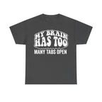 T-shirt dark gray with large white text reading My brain has to many tabs open