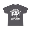 Gray T-shirt featuring retro white graphic: Synonym Rolls curved text above a dripping skull, Just Like Grammar Used To Make.