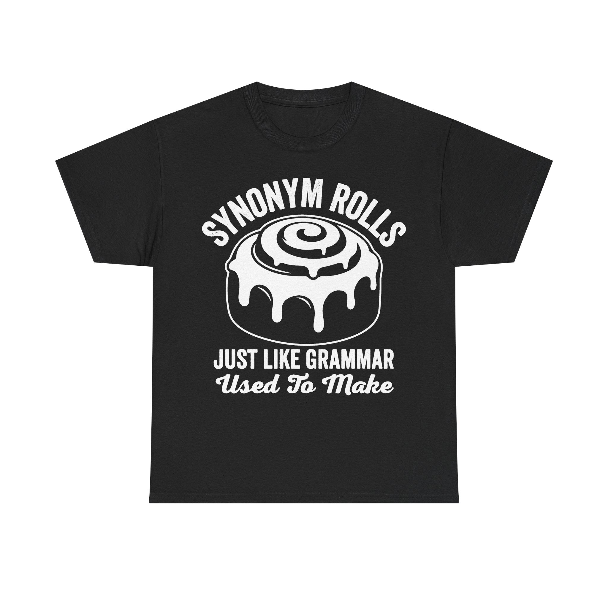 Black T-shirt with white retro melting skull graphic and curved Synonym Rolls text, Just Like Grammar Used To Make