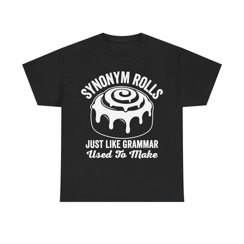 Black T-shirt with white retro melting skull graphic and curved Synonym Rolls text, Just Like Grammar Used To Make