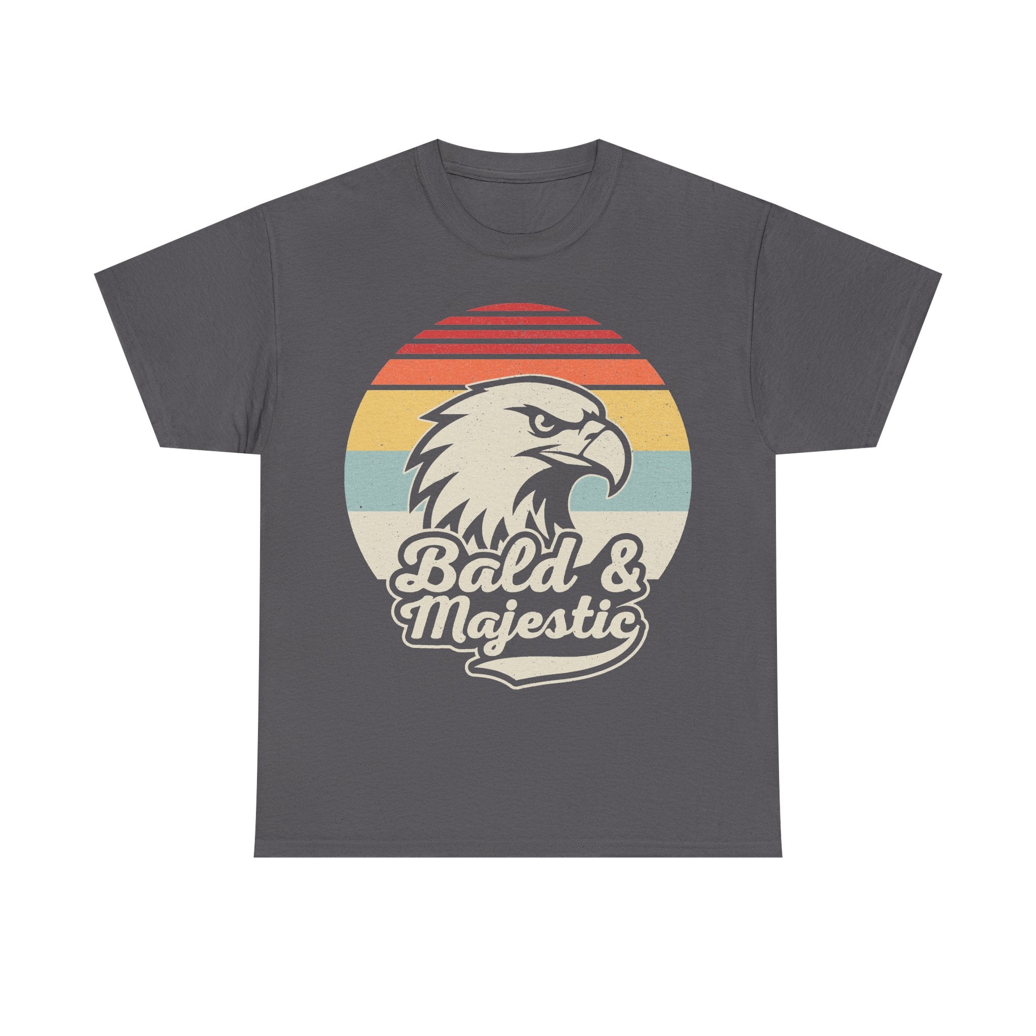 T-shirt in dark gray with retro sunset stripes and a bold bald eagle graphic; features Bald & Majestic text.