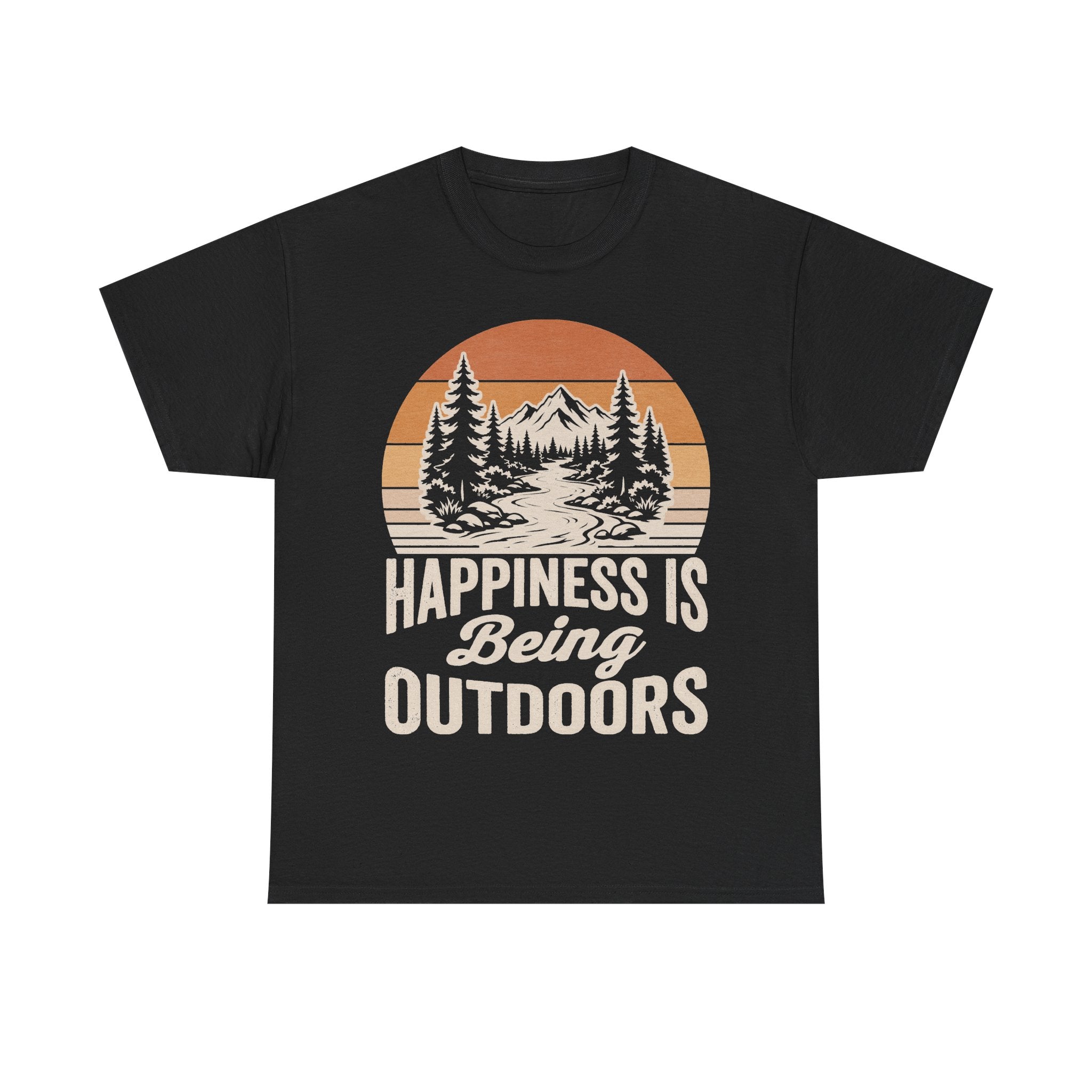 Happiness Is Being Outdoors Vintage Mountain Scene T Shirt For Nature Lovers And Hikers