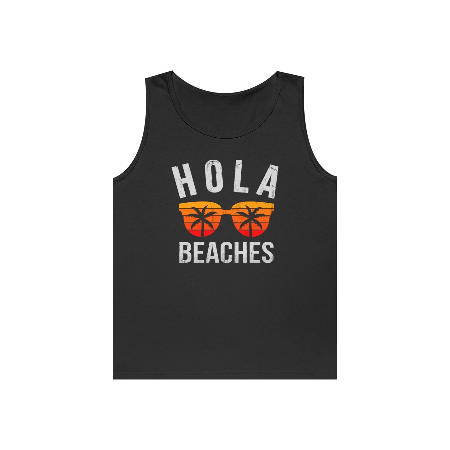 Hola Beaches Tank Top — Funny Summer Beach Tank with Sunglasses Palm Graphic