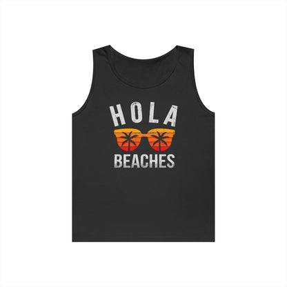 Hola Beaches Tank Top — Funny Summer Beach Tank with Sunglasses Palm Graphic