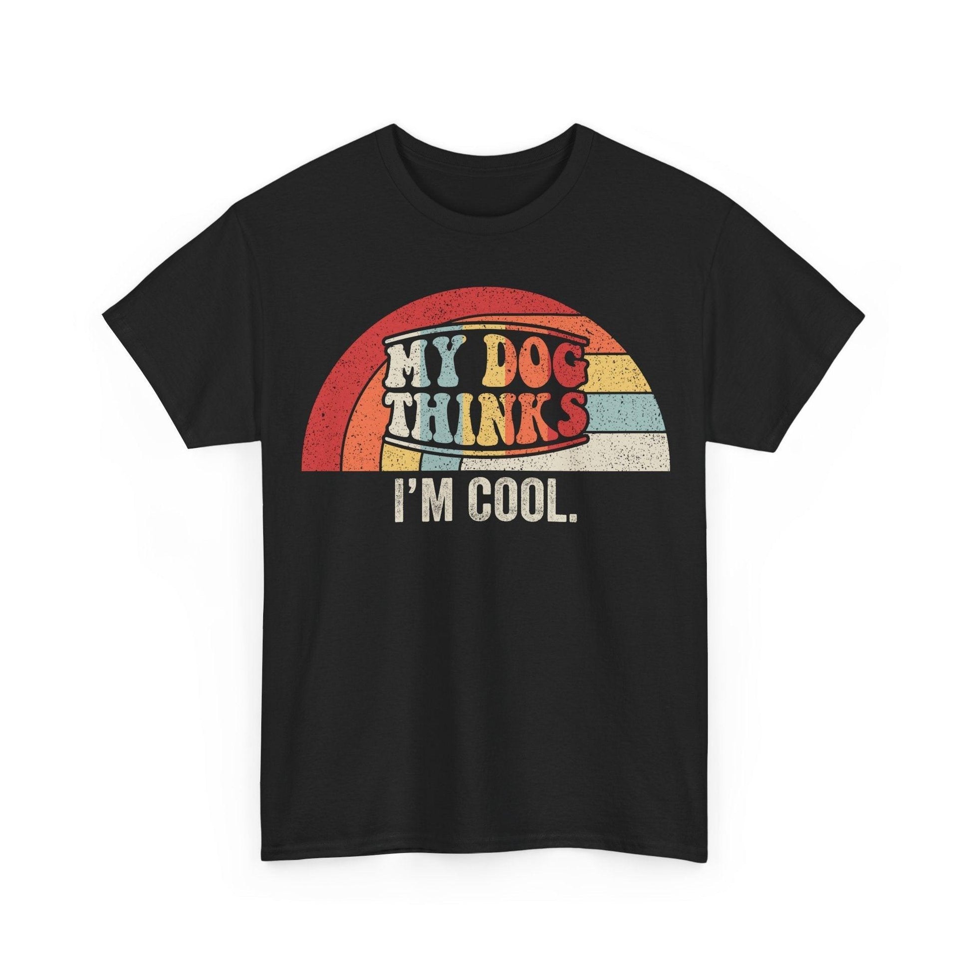 Black retro t-shirt with vintage "My Dog Thinks I'm Cool" graphic and bold arch stripes