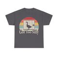 T-shirt, dark gray, vintage sunset graphic with a white gate, goose silhouette, and the text Got Too Silly.