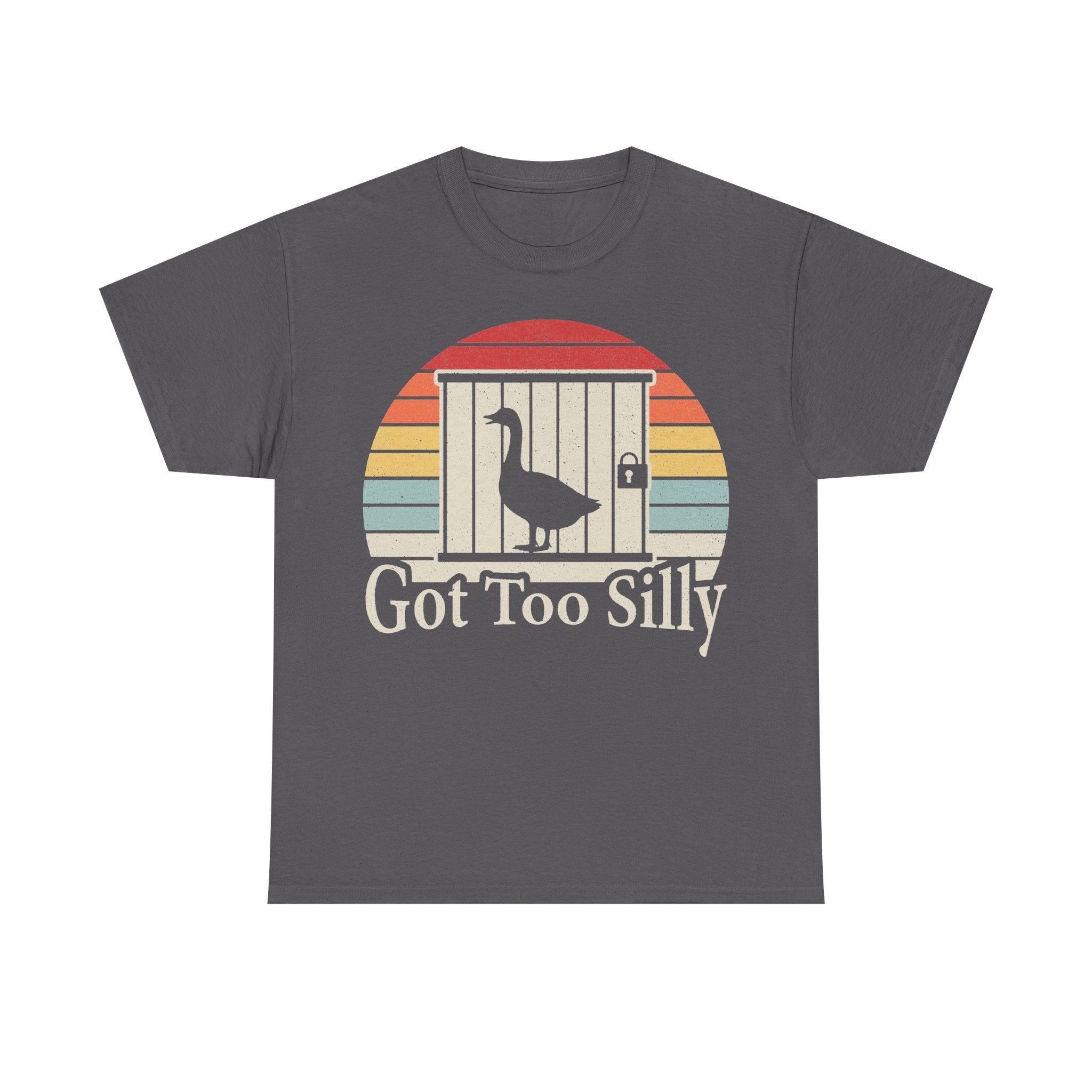 T-shirt, dark gray, vintage sunset graphic with a white gate, goose silhouette, and the text Got Too Silly.