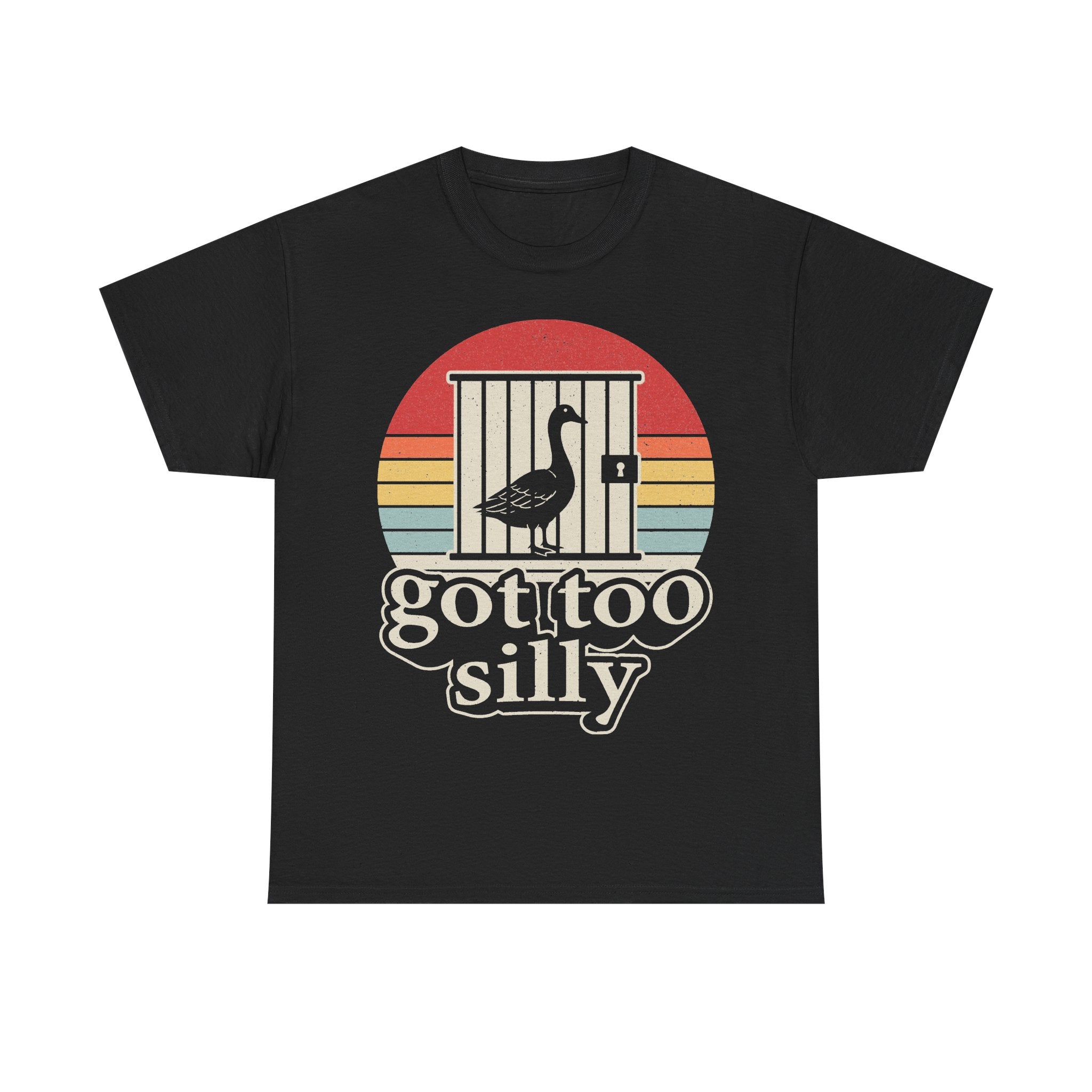 Black T-shirt featuring a retro sunset circle with a goose silhouette in a cage and the vintage text Goose got too silly