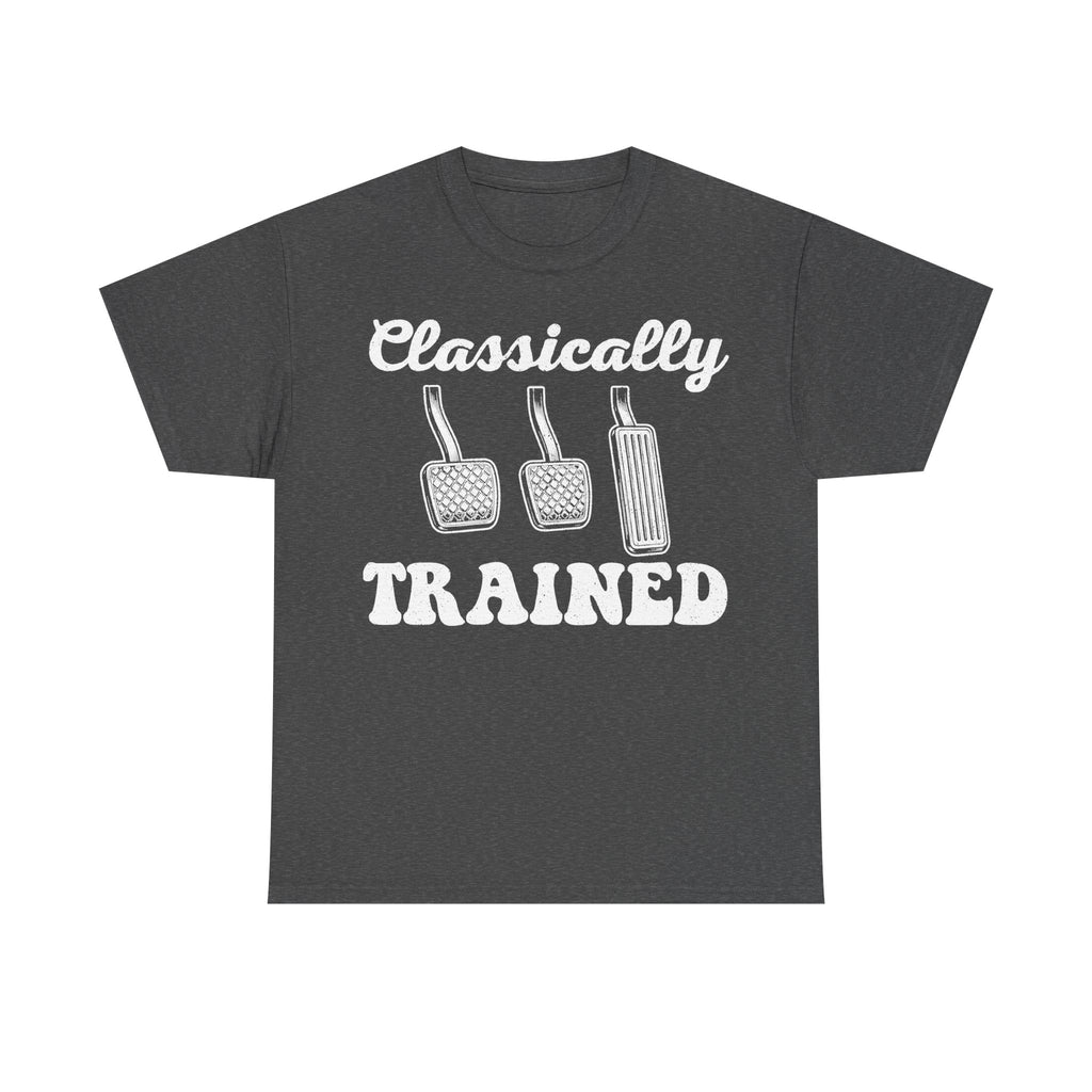 Unisex T-Shirt in charcoal black with white retro typography Classically Trained and three pedal illustrations.