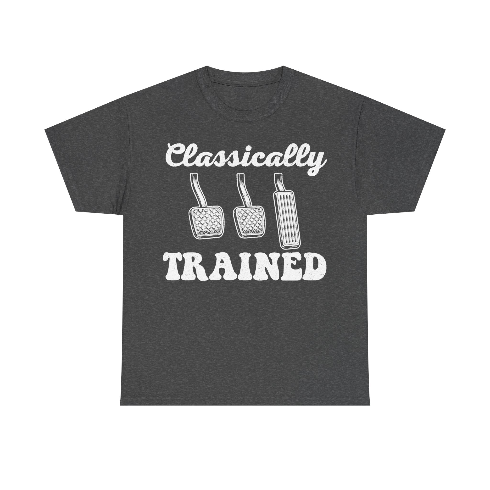 Unisex T-Shirt in charcoal black with white retro typography Classically Trained and three pedal illustrations.
