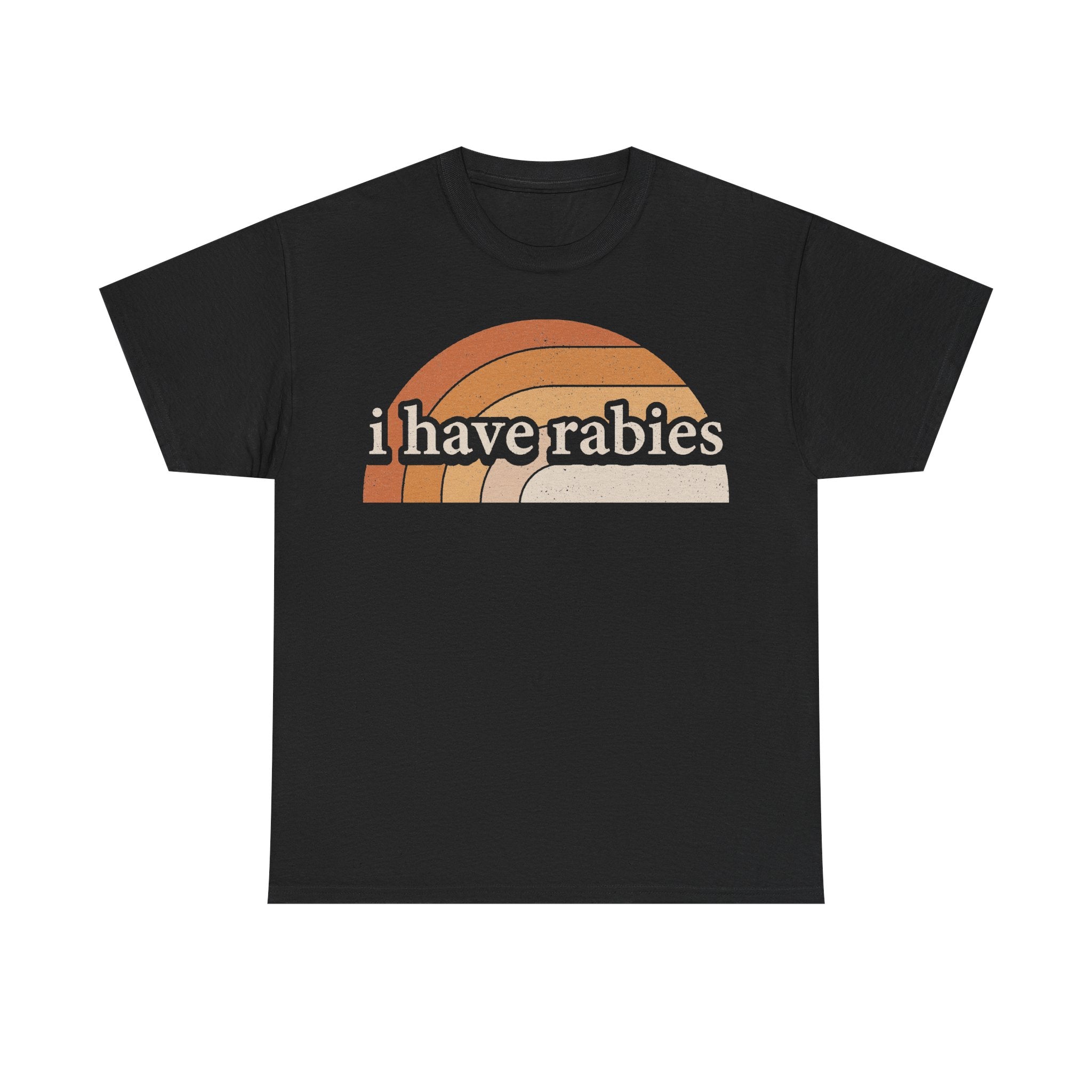 T-shirt, unisex black with retro rainbow arc graphic and the text i have rabies by Printify