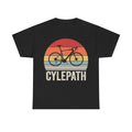 T-shirt, black, retro bicycle sunset graphic with CYCLEPATH lettering