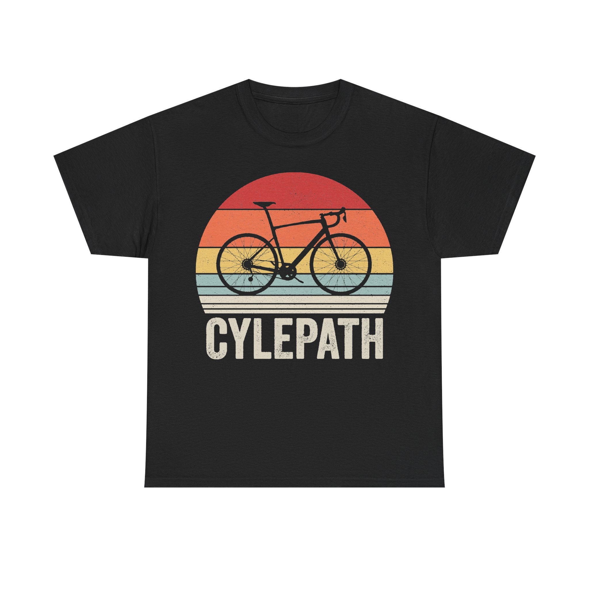 T-shirt, black, retro bicycle sunset graphic with CYCLEPATH lettering