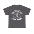 T-shirt with white retro circular graphic on dark gray, open book with plant and the slogan Read Books Be Kind Stay Weird.